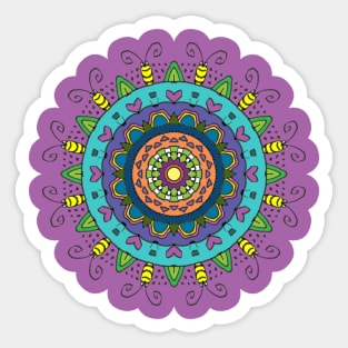 Colorful Mandala with Hearts and Bugs on Purple Sticker